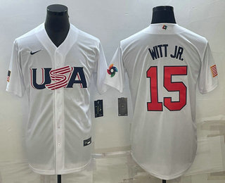 Men%27s USA Baseball #15 Bobby Witt Jr Number 2023 White World Baseball Classic Replica Stitched Jersey2